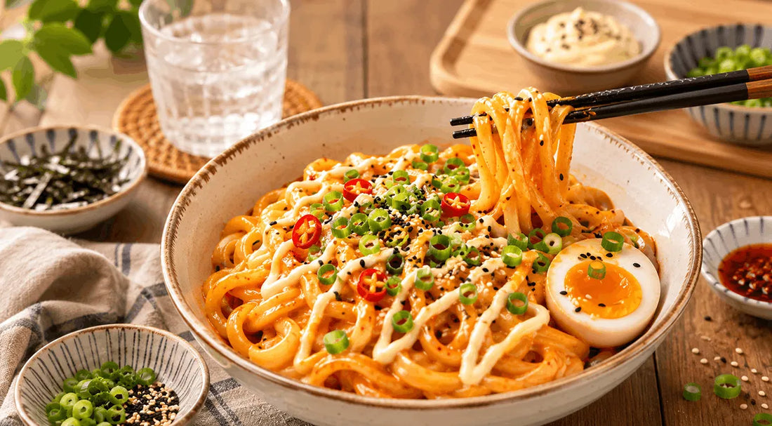 Cremige Buldak Udon mit KEWPIE-Mayonnaise – Das virale 15-Minuten-Rezept für alle Schärfe-Fans 🍜