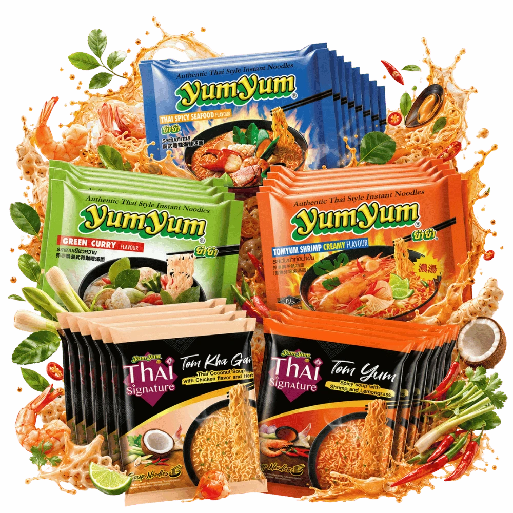 YUM YUM Bestseller Mix 56er – Thai Spicy Seafood, Green Curry & Tom Yum